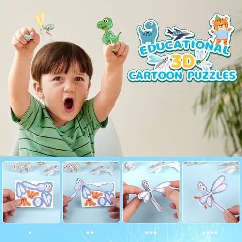 CCINEE 100 Pcs Educational 3D Cartoon Puzzle Toys for Kids,3D Animal Dinosaur Airplane Insect Learning Educational Montessori Toys Paper Puzzle Game for DIY Crafts Birthday Gifts