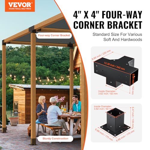 VEVOR Pergola Bracket Kit, 4x4 Inch (Inner Size 3.5x3.5), 2 Pcs 4-Way Heavy Duty Corner Bracket Woodworks DIY Post Base Kit, Easy Installation Wooden Beams for Gazebos, Patio Pergolas, Log Cabin - size: 4PC 4-Way 4*4 SET