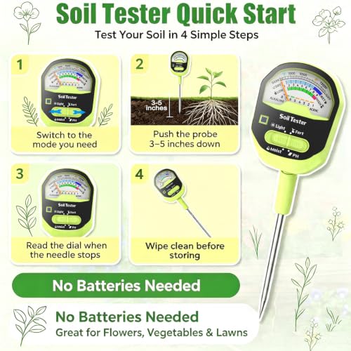 Soil Moisture Meter, 4-in-1 Soil Tester PH, Soil Moisture, Fertility, Sunlight Intensity with Removable Probe, Large Dial Soil Tester Kit for Gardening, Farming, Lawning and Outdoor Plants