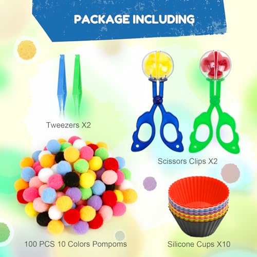 114 PCS Fine Motor Skills Sensory Bin Filler - style: 100 Pom Poms + 10 Sorting Bowls