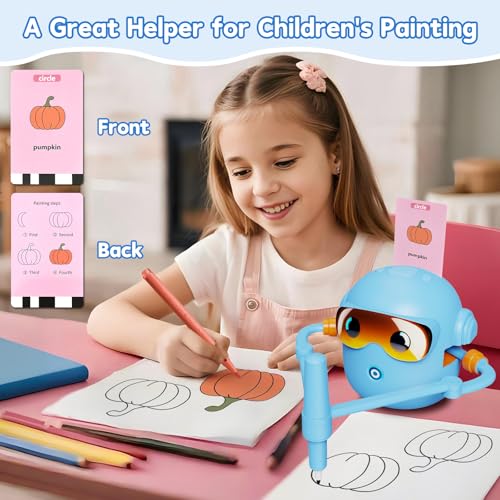 Peledic Drawing Robot Toy for Kids with 100 Word Cards & 12 Color Pens, Voice Interactive Educational Drawing Machine, Montessori Painting Toys for 3 4 5 6 7 8 Year Old Boys Girls Easter Gifts (Blue) - color: blue