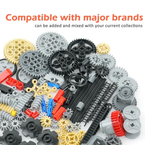 BroTex Technical Parts Pieces Building Set Accessories, Gears Pins Connectors Wheels Axles Racks Differentials, Engine Kits Cars Compatible Major Brands - color: Gear Basic Set