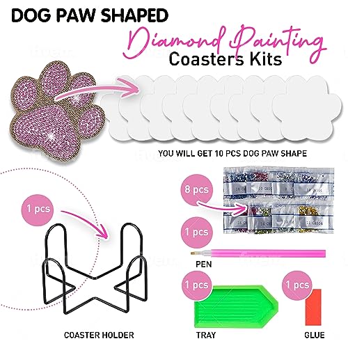 10 pcs Diamond Painting Coasters | Diamond Art Coasters | Dog Paw Diamond Art Painting | Perfect Art Craft Gift for Dog Lover, Dad, Mom, Grandparents, Brother, Sister. - color: Dogs Paw