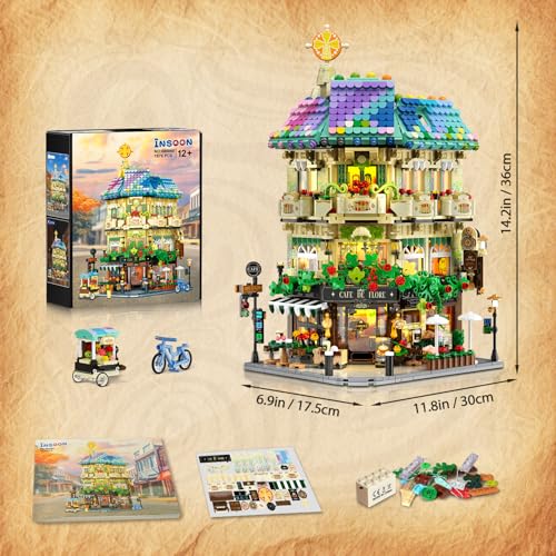 INSOON Flower Cafe House Building Set with Lights for Adults, Modular Kit