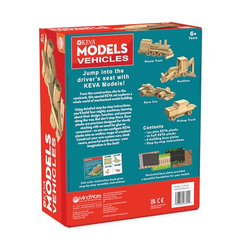 MindWare KEVA Models Vehicles - 154 Wooden Building Planks & Step-by-Step Instructions to Build Iconic Vehicles