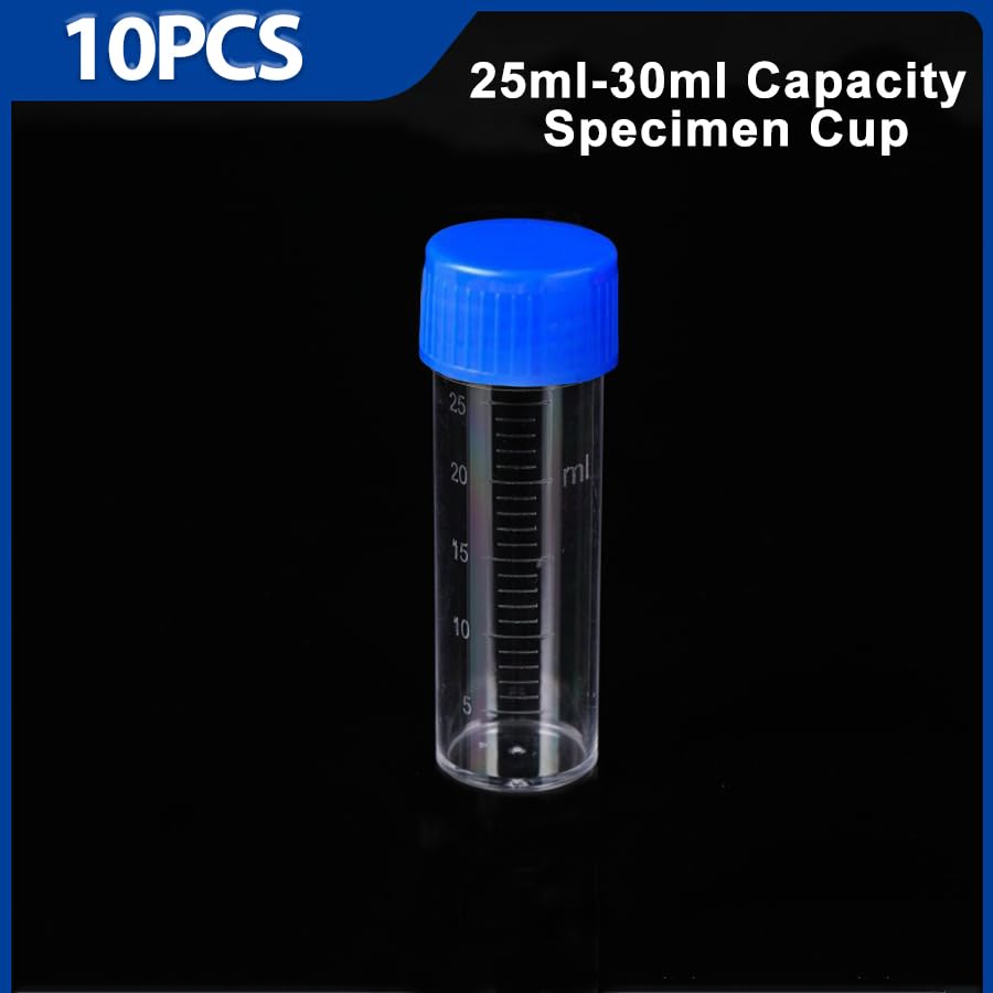 10 Pcs 25-30ML Urine Specimen Cups with Lids, Urine Sample Cups Collection Cup for Collection and Testing (Blue Lids)
