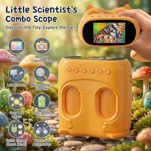 2-in-1 Kids Microscope and Telescope, 1000X Handheld Digital Microscope for Kids, 2.0" Screen, 8 LEDs, 10X Pocket Telescope for Outdoor, 1080P Camera STEM Toys Gift for Boys Girls 4-12, Yellow - color: Yellow