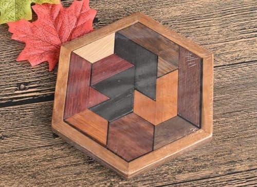 KINGOU Wooden Hexagon Tangram Brain Teaser Puzzle