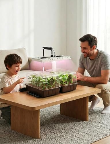 MetryGrow 48W Full Spectrum LED Grow Light Seed Starter Kit, 80-Cell Tray with 30W Heating Mat & Adjustable Dome, Waterproof Germination System for Healthy Indoor Seedlings
