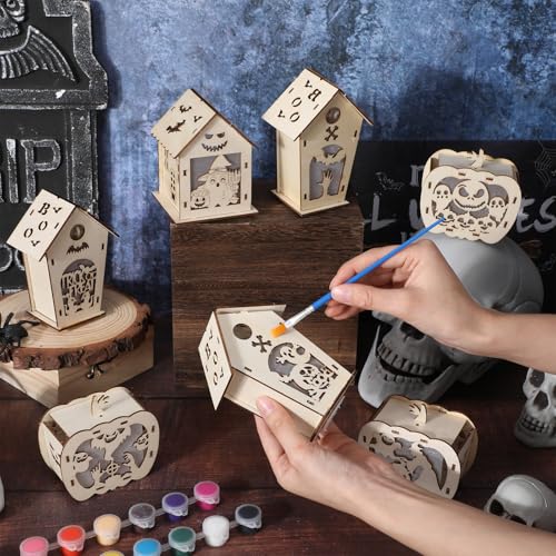 Qunclay 18 Pcs LED Halloween Wooden Craft House for Kid, Paint Brushes Kit