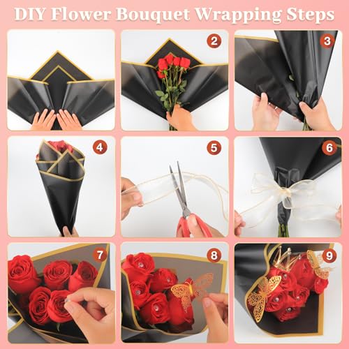 52Pcs Flower Bouquet Wrapping Paper Accessories Kit, 20 Sheets Pink Waterproof Floral Wrapping Paper, 12 Gold 12 Pink Butterflies, 5 Cards, 1 Ribbon, 1 Letter 1 Rhinestone Sticker (Gold Edge) - color: Pink (Gold Edge)