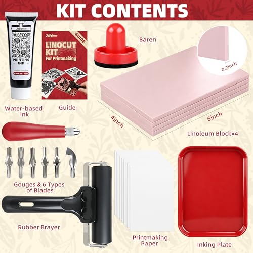 Joygineer Linocut Kit for Printmaking - Block Printing Kit with 4 Soft