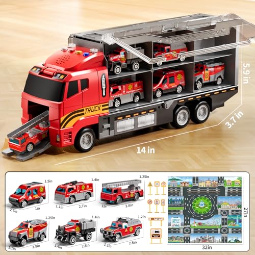 NIPLOOOW Kids Boys Toys for 3-5 Years Old, Fire Truck Vehicle Set with Play Mat and Die-Cast Toy Car, Transport Carrier Truck for Kids 3-5, Birthday Gifts Toys for 3-8+ Year Old Boys - style: Fire truck