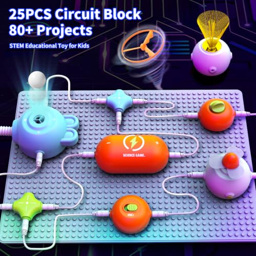 Circuit Kit for Kids 3-12, 25PCS STEM Blocks 80+ Projects Fan RGB