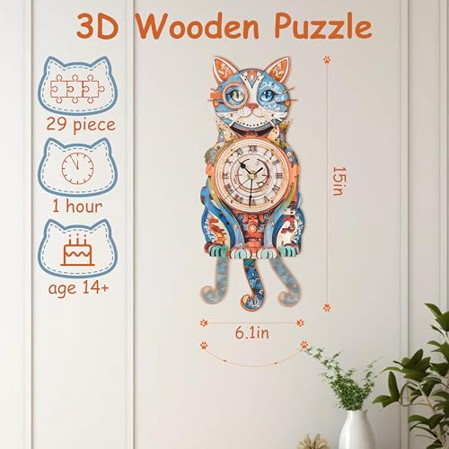 3D Puzzles for Adults Wooden Cat Clock Craft Kits with Pendulum - color: Detective Cat