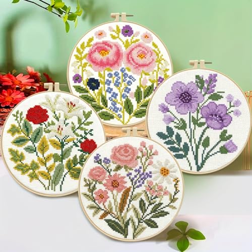 LSLFQYQSK Beginners Embroidery Kits - Flower DIY Cross Stitch Kits,Including,Stamped Flower Patterns,Hoop,Color Threads,Tools (Style B) - style: Style B