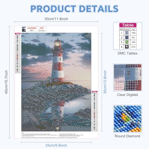 BIGRIMA Lighthouse Diamond Painting Kits for Adults,DIY 5D Landscape Diamond Art Paint with Round Diamonds Full Drill Crystal Art Painting Kit for Home Wall Decor 30×40cm - color: Diamond Painting 002