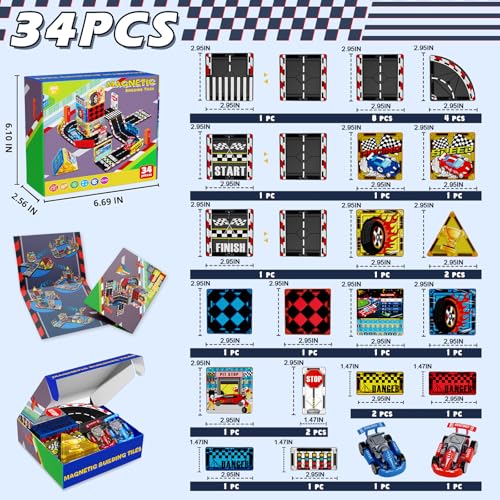 Magnetic Tiles Road Set, Rail Race Track with 2 Racer Cars, Magnetic Car Racing for Kids Ages 3 4 5 6 7 8, Magnet Building Blocks STEM Toy Birthday Gifts for 3+ Years Old Boys Girls - style: Racing Track