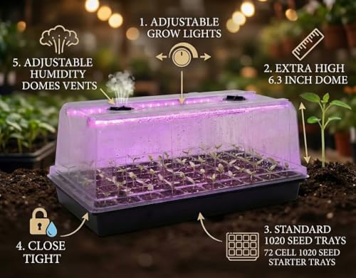 4-Pack 1020 Trays with Grow Light & 72 Cell Plug & 6.3" Tall Humidity Domes - size: 4p 1020Trays+6.3''Domes+72 Plugs+Lights