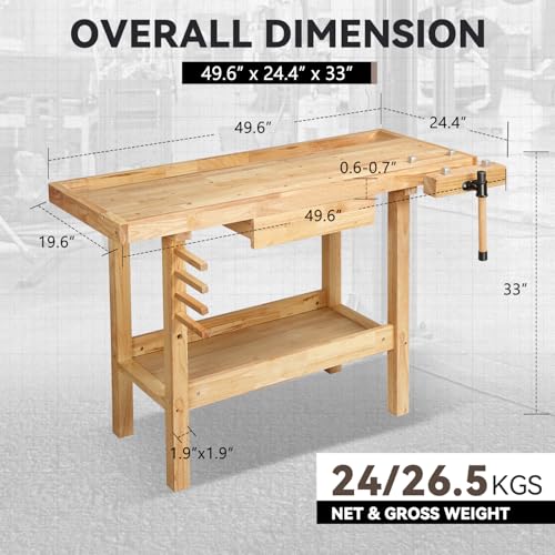 Auto Dynasty 50" Wood Workbench, Heavy Duty w/Adjustable Handle, Workshop - size: 1 Drawers (49.6'' x 19.6'' x 24.4'')
