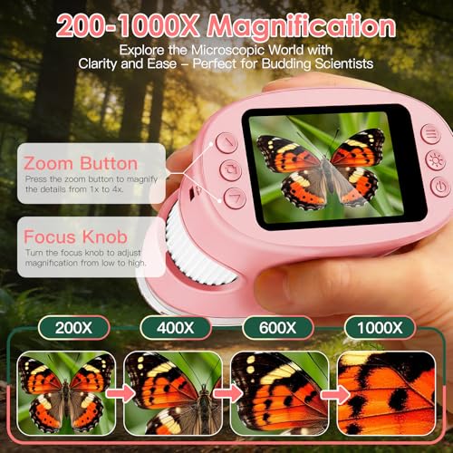 4K 1000X Handheld Digital Microscope for Kids with 2.0" IPS Screen(Pink) - color: Pink