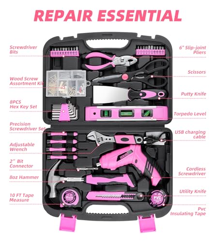 DOWELL Pink Tool Set with 3.6V Cordless Screwdriver Tool Kit, 143 Pcs - size: 143 Pcs