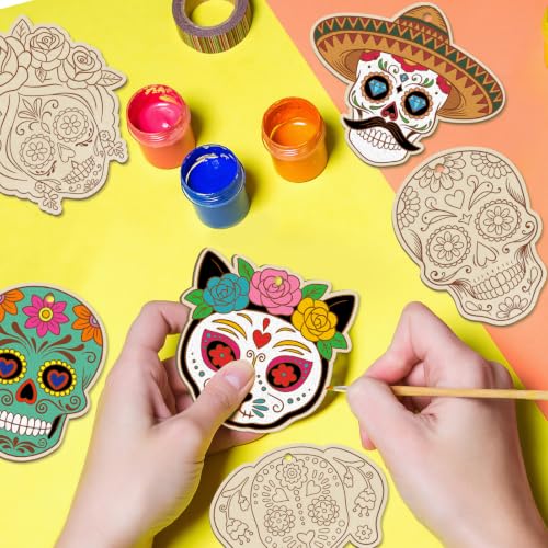 80PCS Wooden Day of The Dead Skull Ornaments to Paint Dia De Los Muertos Decorations Crafts for Kids, Halloween Decorations DIY Blank Sugar Skull Unfinished Mexican Fiesta Cutouts for Party Hanging - color: Dia De Los