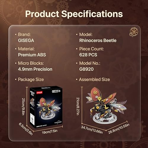 Motorized Mechanical Rhinoceros Beetle Building Kit, 628PCS STEM Gear Model with Moving Wings, Mechanical Insect Display for Adults & Teens