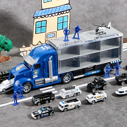 JOYIN 25 in 1 Police Rescue Truck Car Toy Set with Sounds and Lights, Mini Vehicles in Carrier Truck, Play Police Patrol Rescue Vehicle Toy, Birthday Gifts for Over 3 Years Old Boys - style: Police Truck