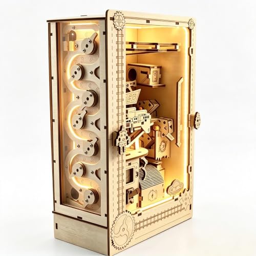 3D Wooden Marble Run Book Corner Set, Featuring LED Lights, a Motor-Driven circulating Marble Track, and an Acrylic Panel—a challenging DIY Craft kit for Adults. - style: Bookend