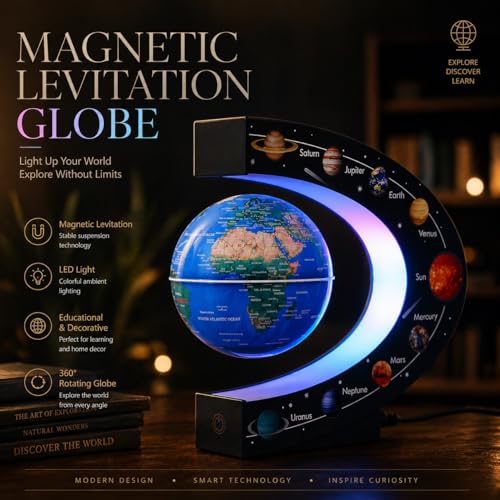Magnetic Levitation Floating Rotating 3in Globe With Colored Lamp For Men Boss Cool Office Decor Gifts Or Kids Desk Toys,Nine planetary solar systems astronomy educational cosmic earth globe - color: Blue Light-Up Color-Changing (9 Planets)