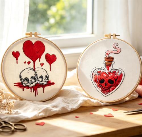 Halloween Goth Embroidery Kits for Beginners Adults, Dark Skull Embroidery Sets Needlepoint Kits, Halloween Stamped Cross Stitch Kits for Beginners Adults, 2 Embroidery Hoops (Attached Video Tutorial) - color: Halloween-2, size: 8inch