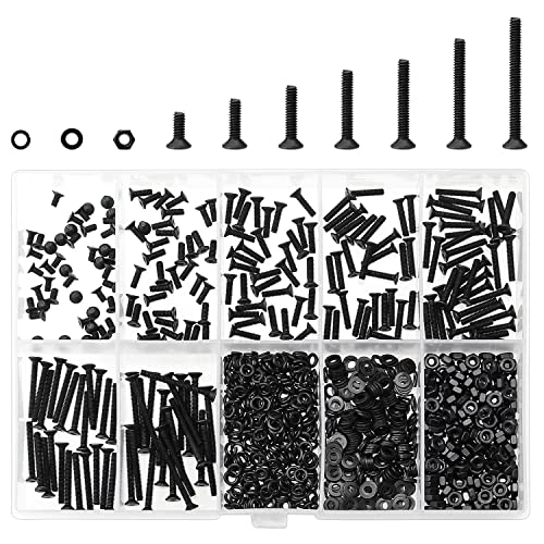 HELIFOUNER 560 Pieces M2.5 x 4mm /6mm /8mm /10mm /12mm /16mm /20mm, Countersunk Head Socket Cap Screws Bolts Washers Nuts Kit, 10.9 Grade Alloy Steel, Full Threaded, Black - size: M2.5, style: Countersunk Head