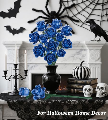 Blue Roses Flower Bouquet Building Set, Compatible with Lego Flowers, Artificial Flowers Botanical Collection Gift for Halloween Gothic Retro Home Decor - color: Navy Blue