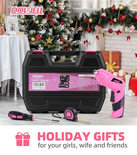 DOWELL 116Pcs Pink Tool Kit, Tool Set with 3.6V USB Cordless Screwdriver - size: 116 Pcs