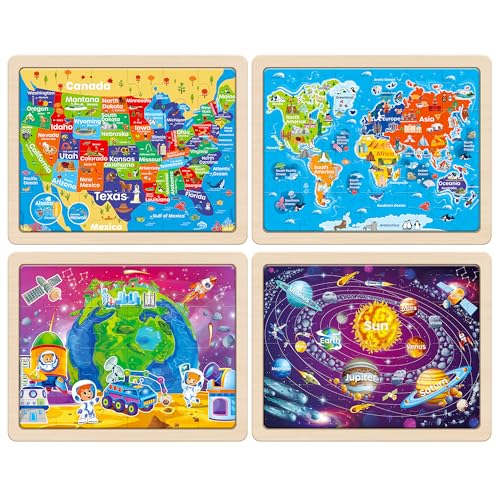 SYNARRY Large USA Map, World Map & Solar System Wooden Puzzles Ages 4-6 - style: US World Earth Solar System