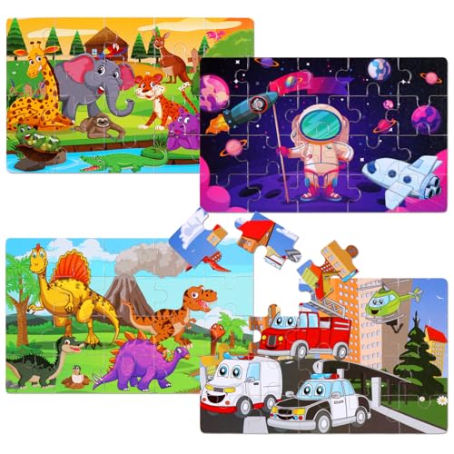 Wooden Puzzles Toys for Kids Ages 3-5, Set of 4 Packs Dinosaur, Space, Transportation Wood Puzzles, Preschool Brain Teaser Toys for Boys and Girls 3 4 5 6 Years Old - color: Mixed Styles a