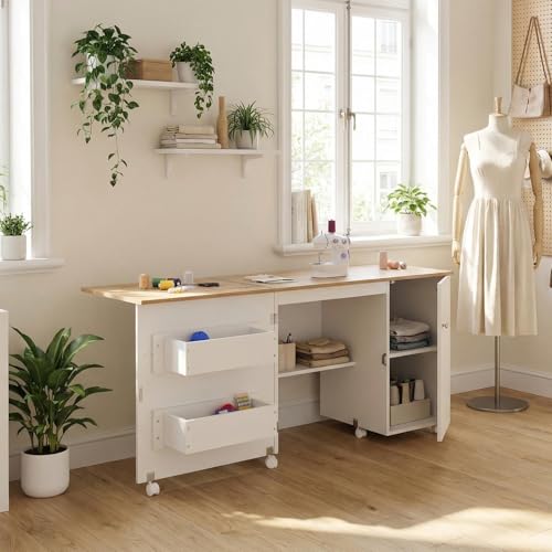 Folding Sewing Table for Office - Multipurpose Sewing Machine Desk with Storage Shelves, Trays, Lockable Wheels - Compact Craft Workstation with Magnetic Doors - White - color: White & Natural