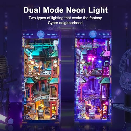 Tonecheer DIY Book Nook Kit for Adults, Wooden 3D Puzzle Bookend Bookshelf Insert Decor, Cyber Punk Booknook Miniature House Kit with Dust Cover and Body Motion Sensor LED (Cyber City) - color: Cyber City