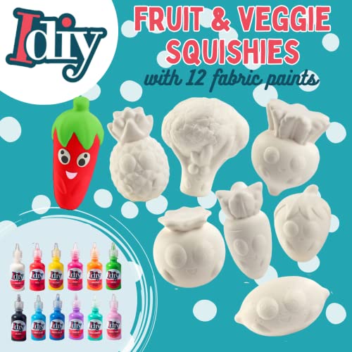 Idiy Jumbo Squishy Toys Craft Kit (8-Pack Fruits & Veggies) – Paint Your Own Slow Rising Squishies DIY Play Food Art Set – Includes 12 Fabric Paints & Kawaii Produce Toys – Kids Ages 4-12 Gift - color: Fruits & Veggies -8pc