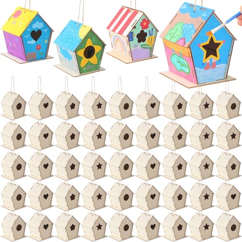 DoubleFill 48 Pcs 4. 33" DIY Wooden Birdhouses Craft for Kids Unfinished Wooden Birdhouse Kits Wood Painting Kit to Build and Paint Unpainted Birdhouses for Children VBS Crafts