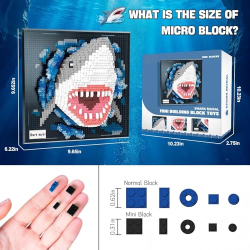 3D Shark Animal Wall Art Micro Mini Building Blocks Set for Adults, No Compatible with Lego, Unique Table Display & Home Wall Decor, Creative Toy Gift for Chritsmas Birthday (2166 PCS) - style: Shark