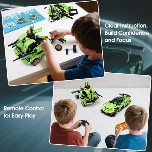 IQKidz STEM Building Blocks Kit for Kids - 2 in 1 Remote Control Race Car and Robot Toy, Great Gift for Boys, Teens Age 6 7 8-12+ Year Old Who Love Engineering and RC Sports Car Toys - style: Green Race Car