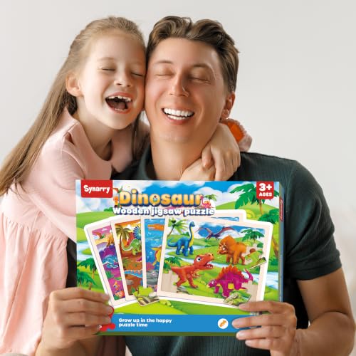 SYNARRY Large Dinosaur Wooden Puzzles for Kids Ages 4-6, 4-in-1 Gift Set - style: Dinosaur