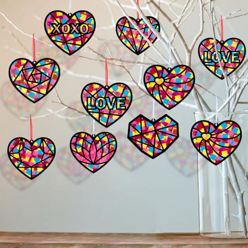 Tinlade 48 Set Valentine's Day Suncatchers Crafts Kit Valentines Heart DIY Window Stained Glass Tissue Paper Red Love Hanging Ornaments Make Your Own Suncatcher Summer Home School Classroom Activities - style: Valentines