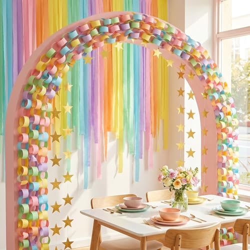 700 Sheet Macaron Paper Chain Strips and 52 ft Gold Star Garland Set - color: Macaron-700pc