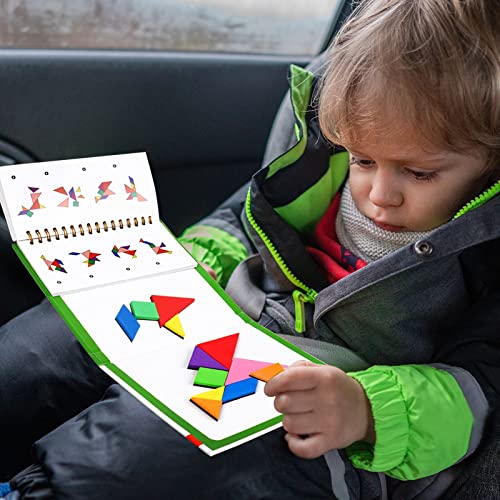 USATDD Travel Tangram Puzzle with 2 Set, Magnetic Pattern Blocks Road Trip Travel Games Jigsaw Montessori Brain Blocks IQ Book with 368 Solution Brain Teasers for Kids Adults Challenge - style: 368 Solution