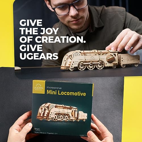 UGEARS Mini Locomotive + V-Express Steam Train with Tender Idea- 3D Wooden Puzzle Model Kits for Adults