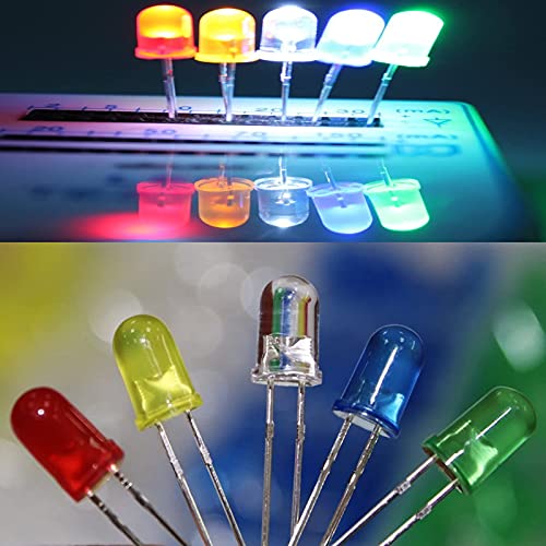 Adeept 500 Pieces Clear LED Diodes, Light Emitting Diodes Bulb Lamp 3mm 5mm 2 Pin Round Assorted 5 Colors Kit with Storage Box for Science Project Experiment - style: 500pcs-5mm LED