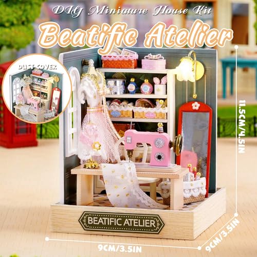 Kisoy Dollhouse Miniature with Furniture Kit, DIY 3D Wooden DIY House Kit with Dust Cover,Handmade Tiny House Toys for Teens Adults Gift (Beatific Atelier) - color: Beatific Atelier